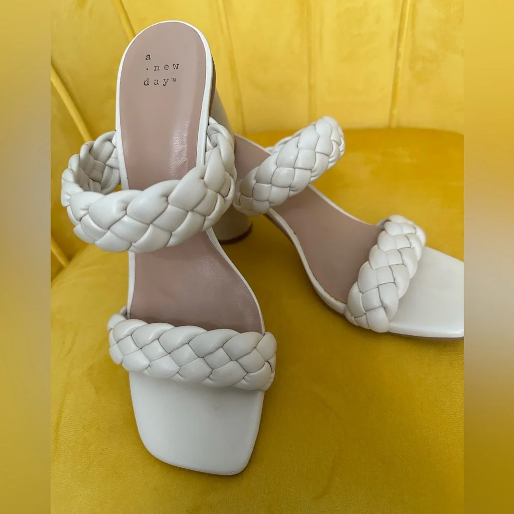 A New Day Women's Cream Braided Sandals, 3.5 inch heel, size 9